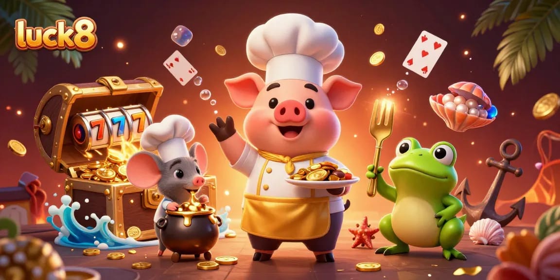 Experience luck8 with a vibrant casino scene featuring gold coins and playful characters
