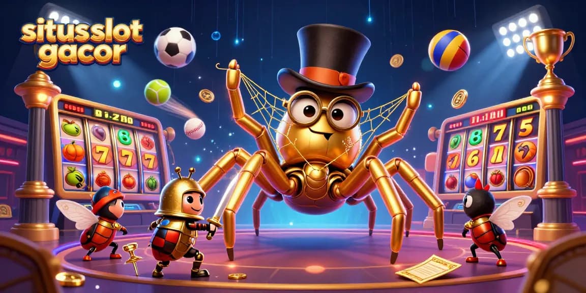 Engage with situs slot gacor in a vibrant casino scene featuring a golden tarantula and beetle knight.