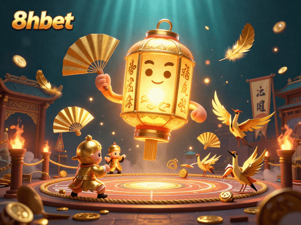 Experience exciting gaming adventures with 8xbet in this vibrant casino illustration featuring golden lanterns and lucky symbols.