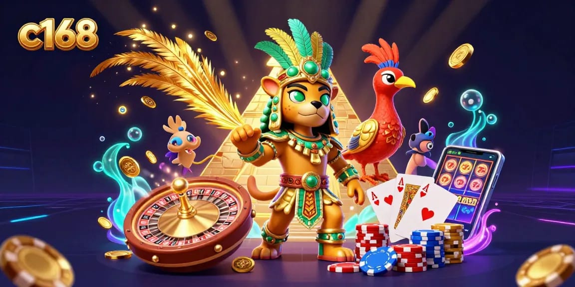 Win big at c168 with a vibrant 3D illustration showcasing casino excitement and rich rewards.