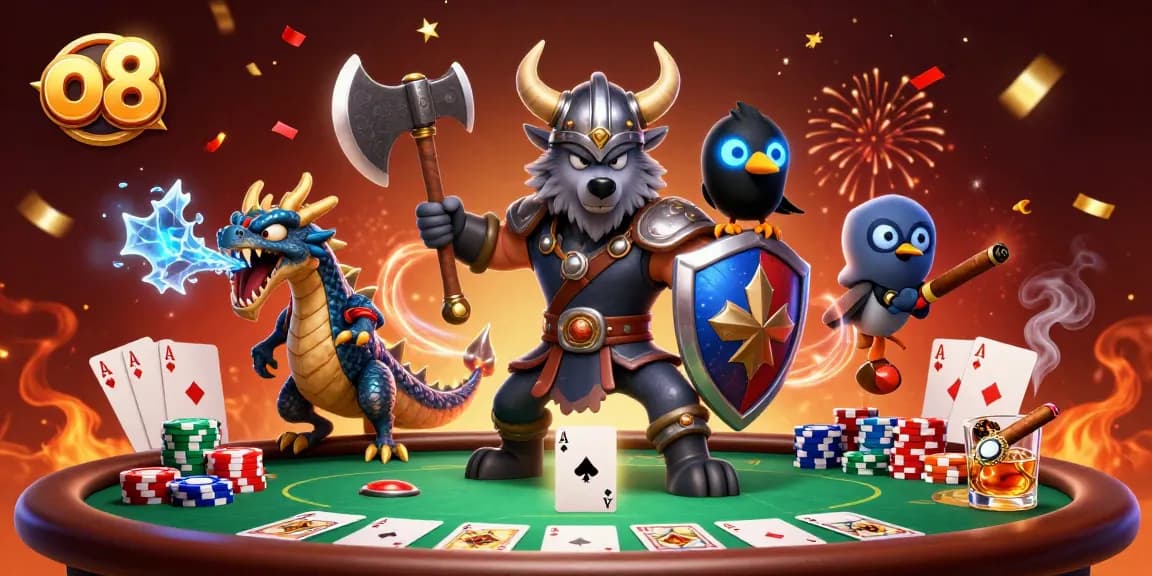 Engage with o8 winnings as a Viking wolf warrior battles with poker cards and chips