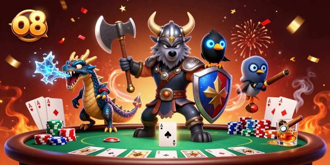 Engage with o8 winnings as a Viking wolf warrior battles with poker cards and chips