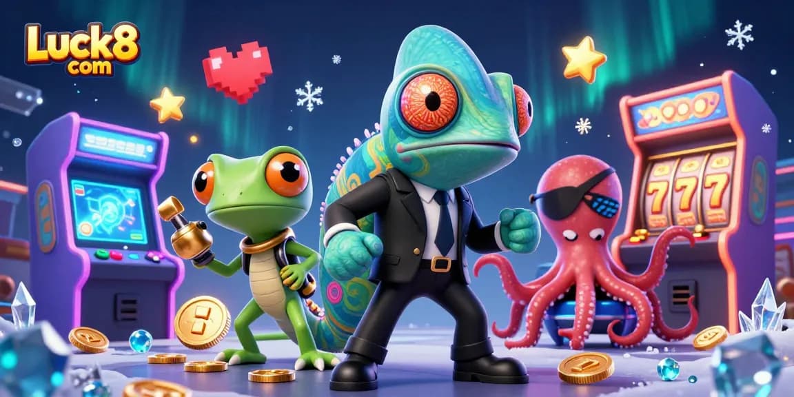 Engage with Luck8 com through this 3D casino scene where colorful arcade elements meet vibrant game symbols.