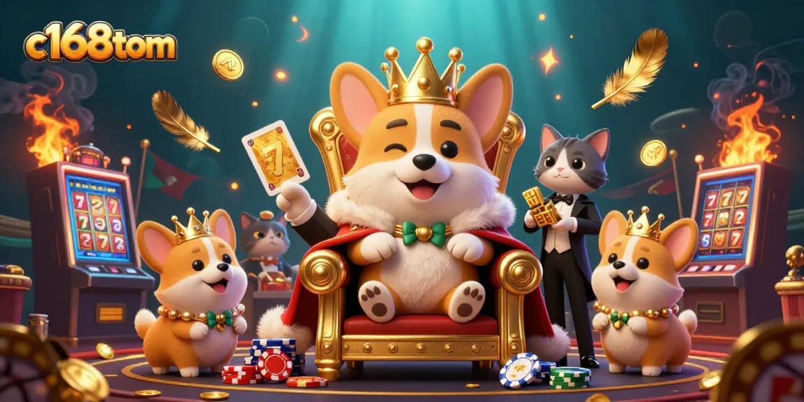 Engage with the thrill of slots and games at c168tom featuring a royal corgi and golden deck.