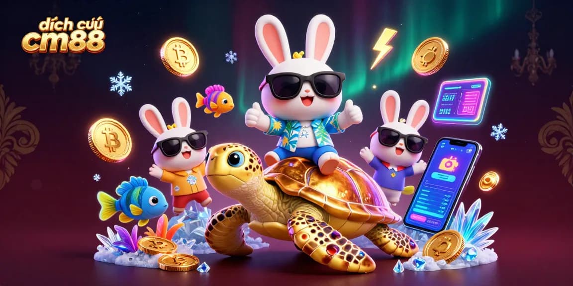 Engaging illustration of dịch vụ cm88 showcasing a lucky rabbit and golden turtle amidst vibrant casino elements.