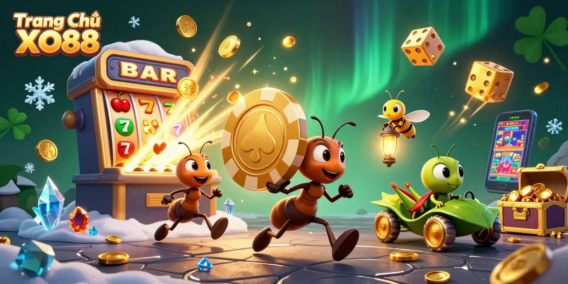 Experience thrilling wins at Trang Chủ XO88 with a dynamic 3D illustration of animated casino adventures.