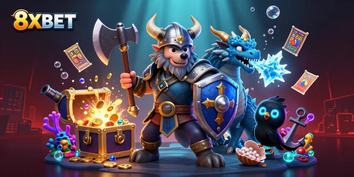 Engage with 8XBET's vibrant gaming world through a thrilling illustration of a Viking warrior, dragon, and raven amidst casino elements.