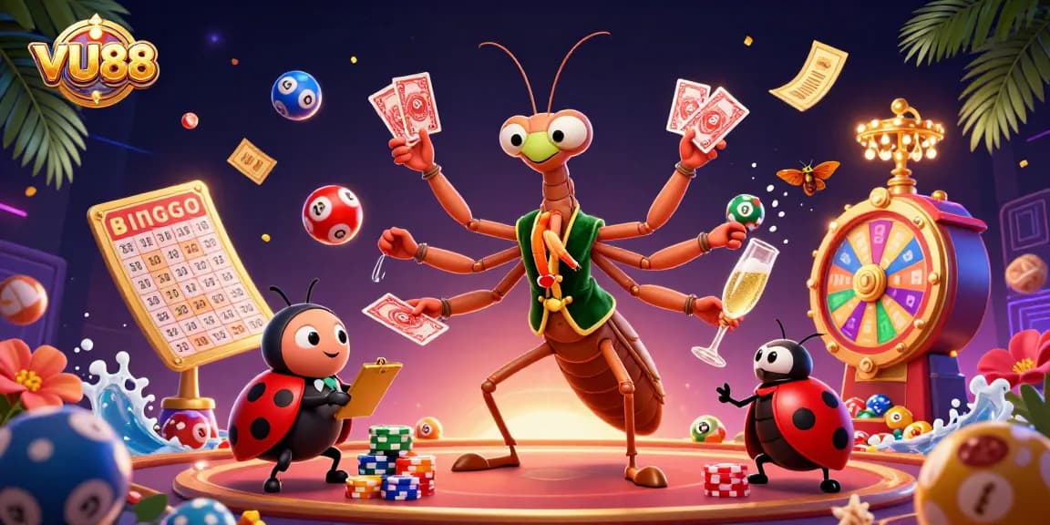 Experience exciting gameplay at VU88 with vibrant colors and dynamic casino elements in this 3D illustration.