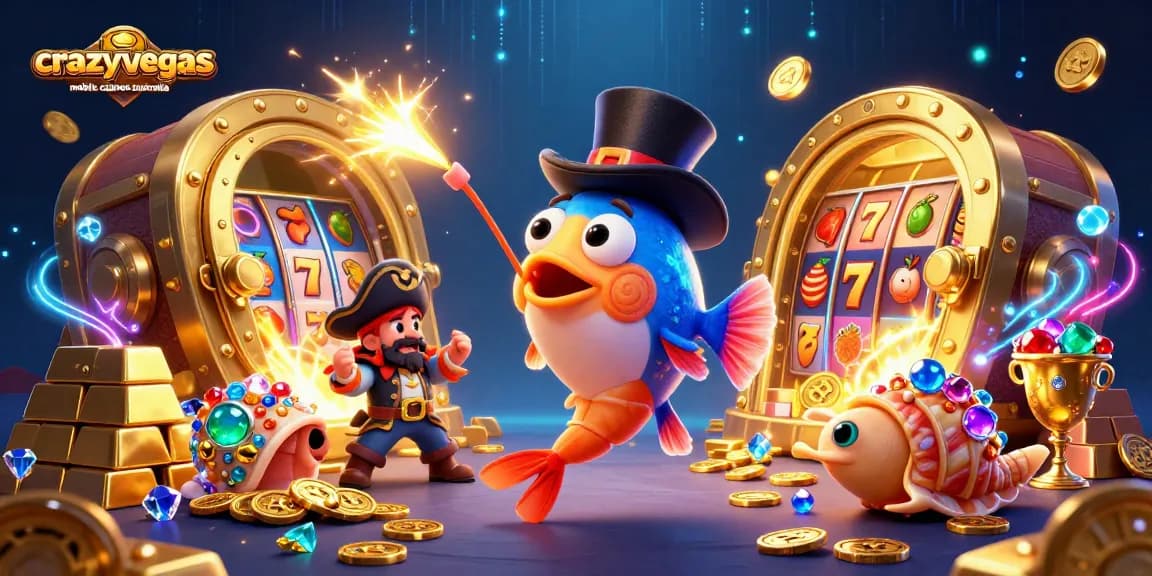 Experience the thrill of crazyvegas mobile casinos australia with an exciting 3D cartoon scene featuring winning symbols and treasure.