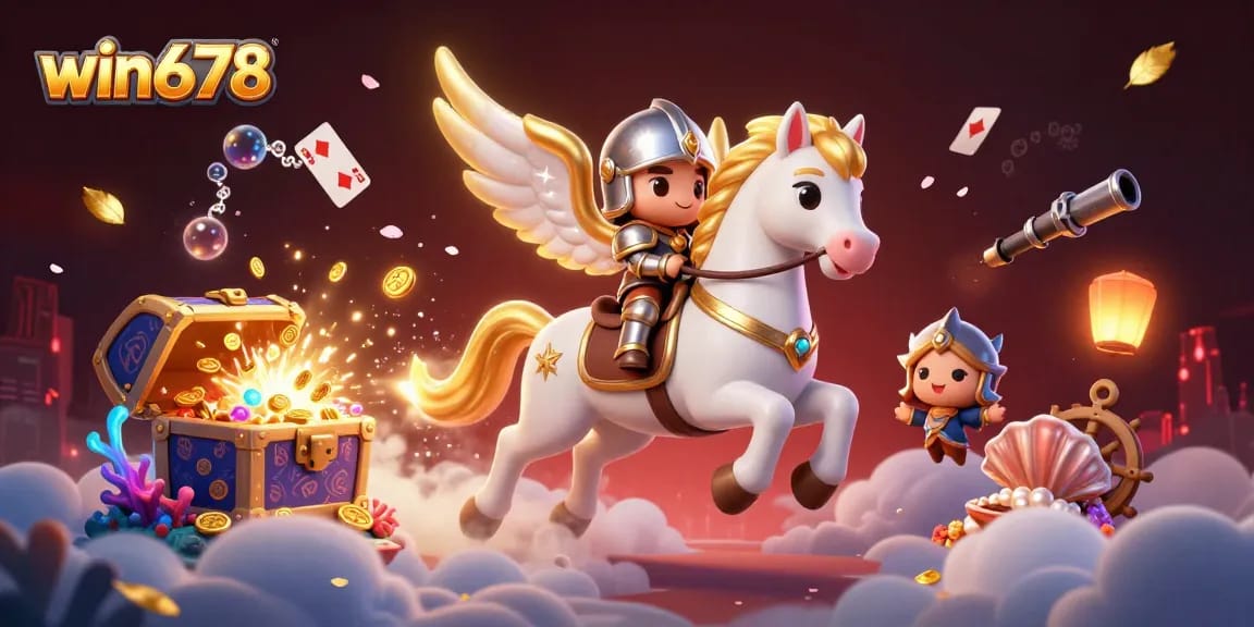 Engage in thrilling adventures with win678's dynamic casino games illustrated by a celestial horse and charming knight.