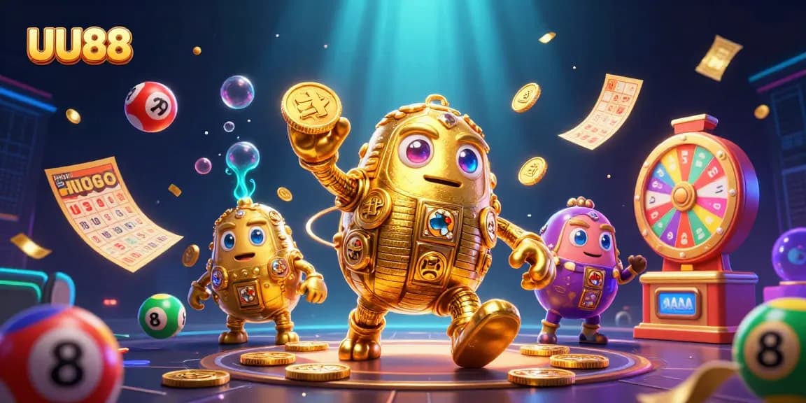 Engage with UU88's vibrant 3D lottery-themed scene featuring a dynamic golden golem made of coins.