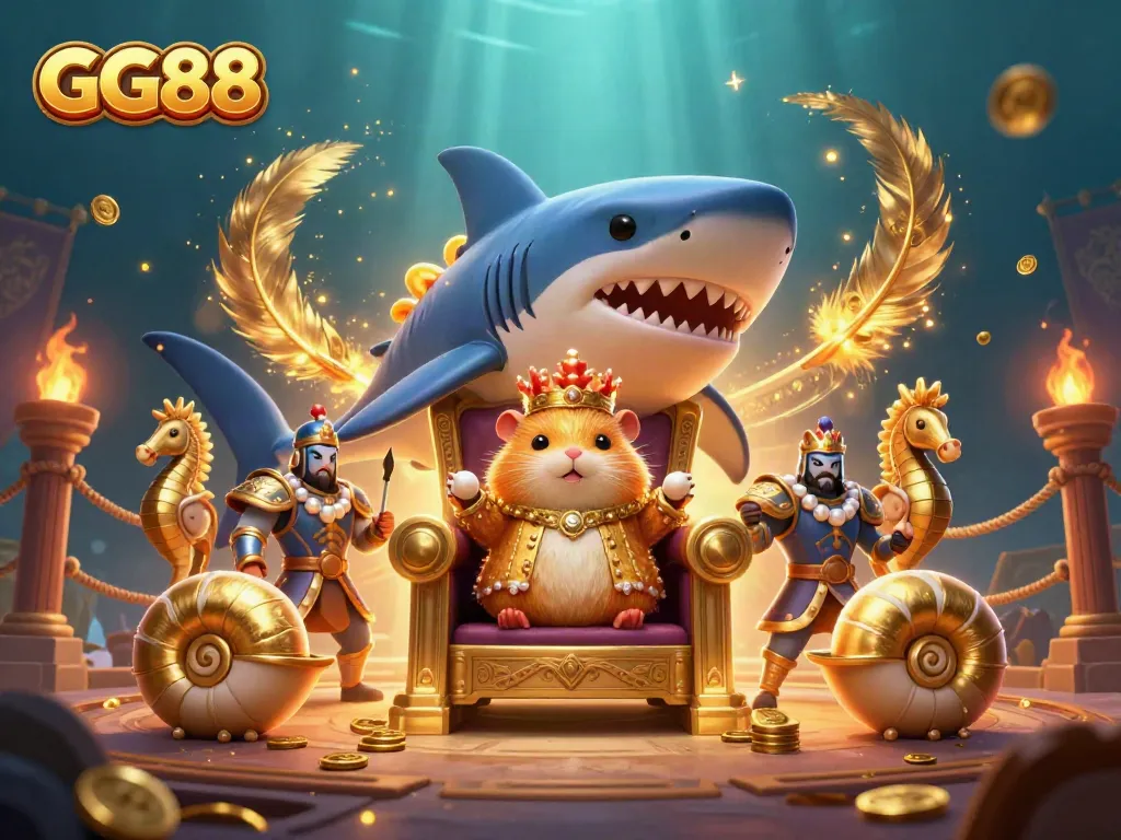 Engage in exciting casino action at GG88 with a golden hamster king and seahorse guardians in a vibrant underwater scene.