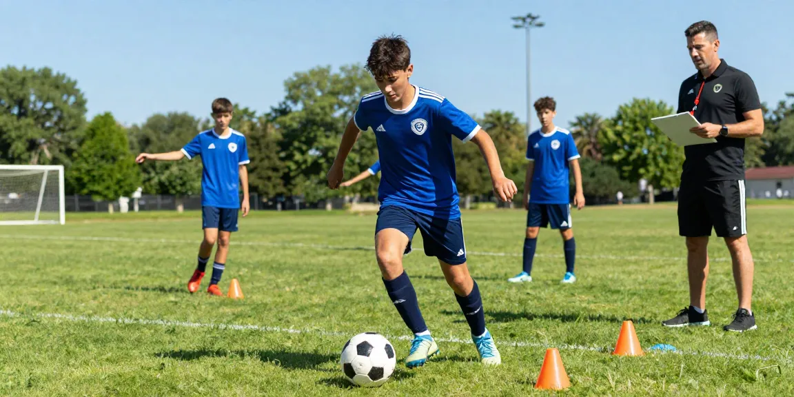 Hochwertiger Fußball günstig kaufen: Jugendspieler dribbelt auf dem Platz mit Trainern und Teamkameraden.