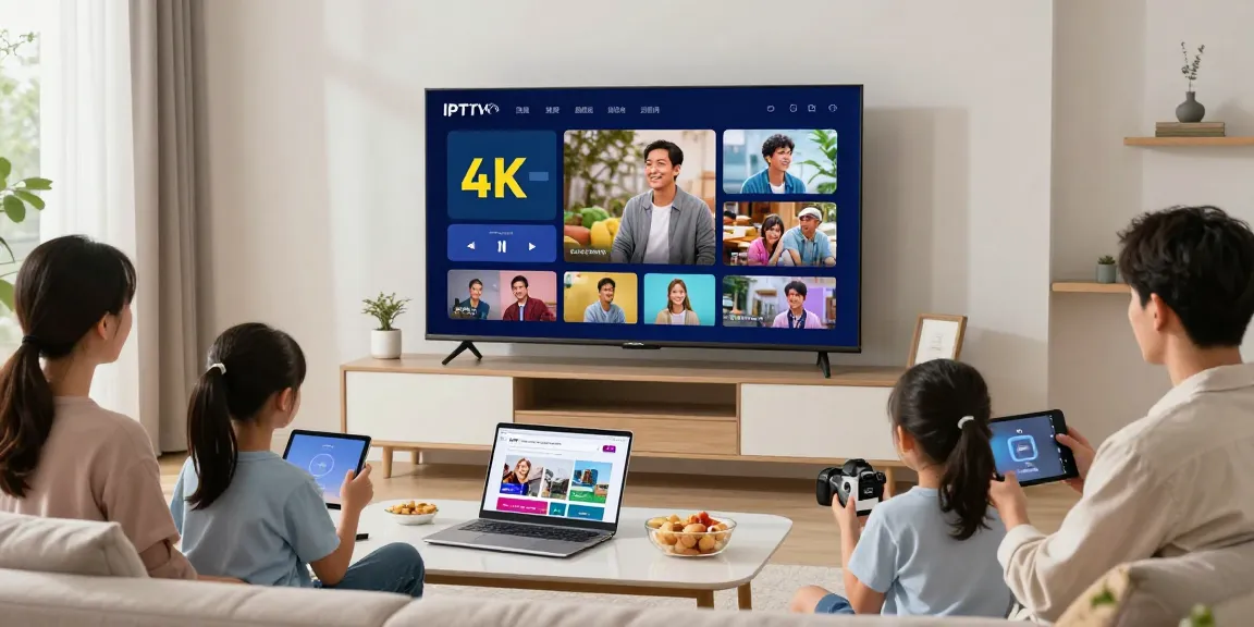 Familie genießt premium IPTV kaufen mit 4K-Inhalten im modernen Wohnzimmer.