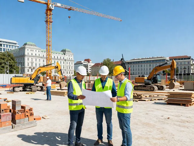 Bauunternehmen Wien: Baustelle mit Bauarbeitern, die Baupläne besprechen.