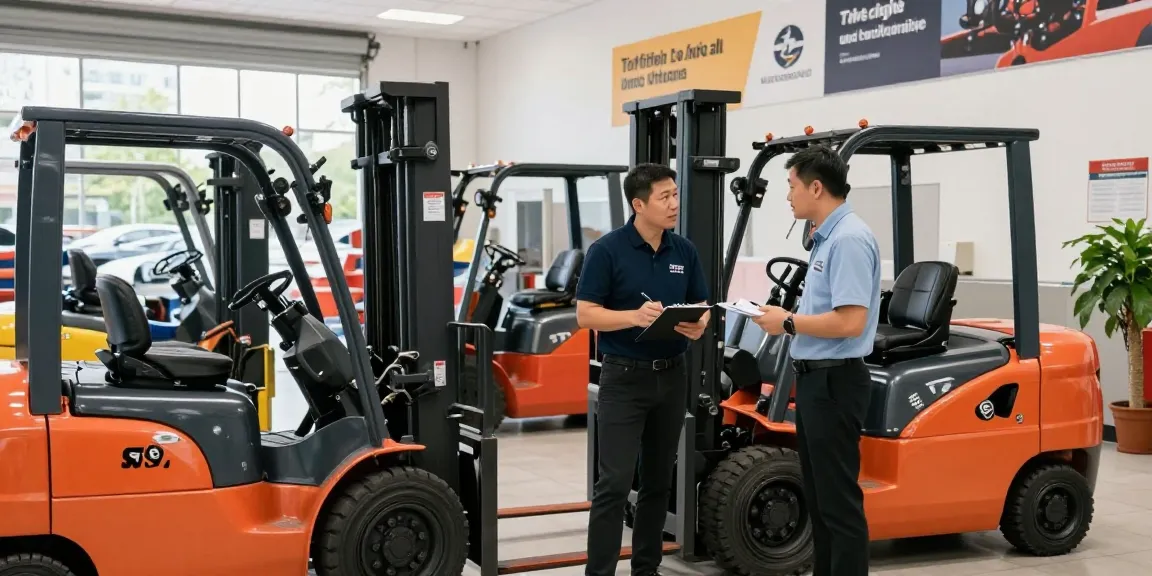 Gebrauchte Toyota Gabelstapler in der Ausstellung im Autohaus, die verschiedene Modelle und Preisschilder zeigen.