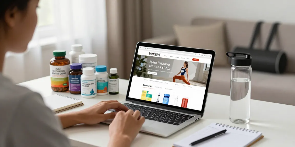 Fesselndes Einkaufserlebnis auf der Website des Medi Pharma Shops mit Gesundheitsprodukten in einem gemütlichen Arbeitsplatz.