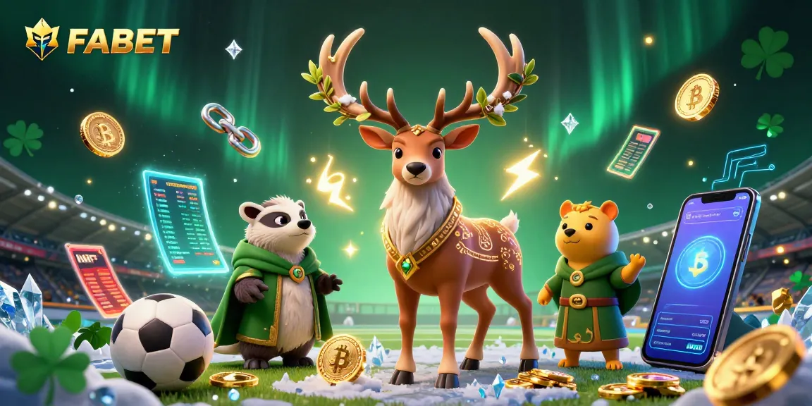 Bet on FABET with 3D characters representing football and cryptocurrency in a colorful casino scene.