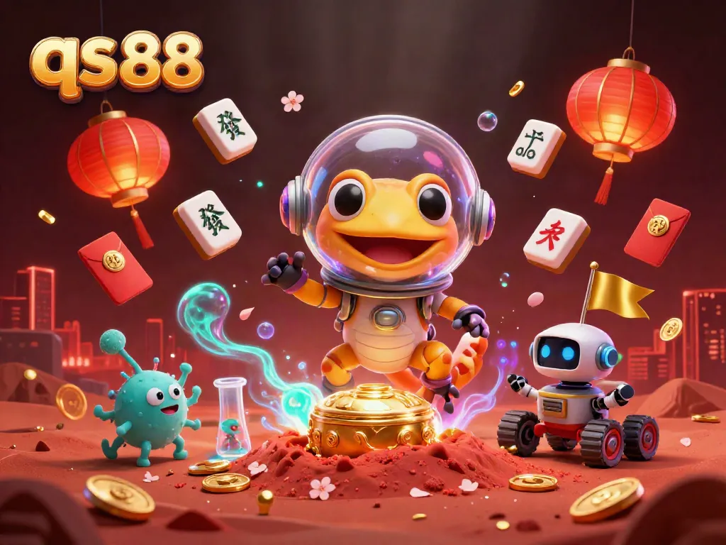 Play slots with qs 88 in this vibrant 3D casino scene featuring a Martian gecko discovering riches on Mars.