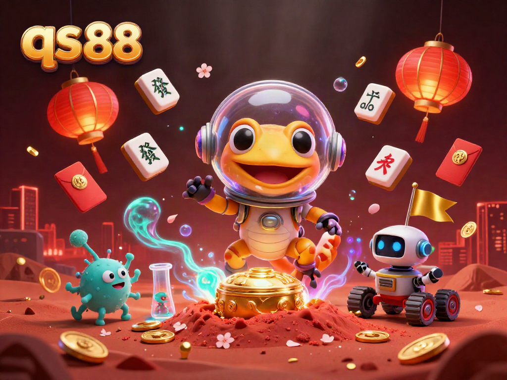 Play slots with qs 88 in this vibrant 3D casino scene featuring a Martian gecko discovering riches on Mars.