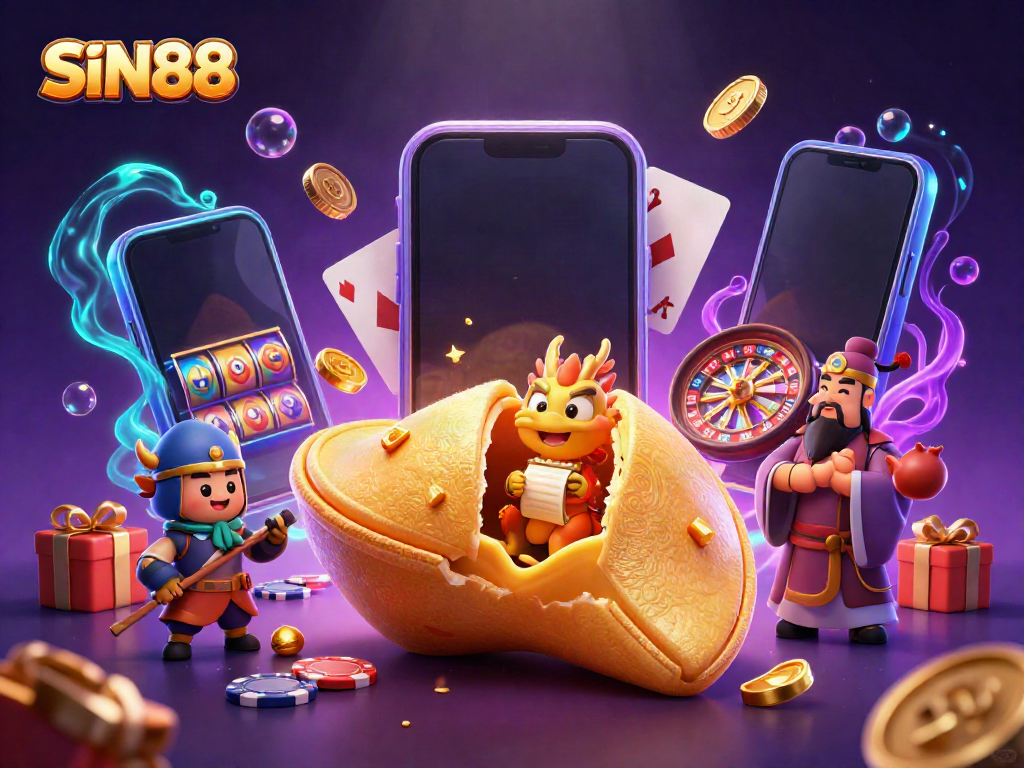 Experience exciting gameplay with SIN88 featuring golden fortune cookie characters and vibrant casino elements.