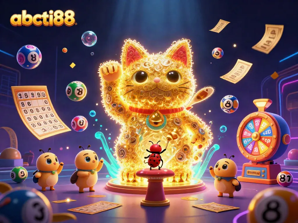 Experience the vibrant energy of abcti88 with a captivating illustration of a giant lucky cat and dynamic casino elements.