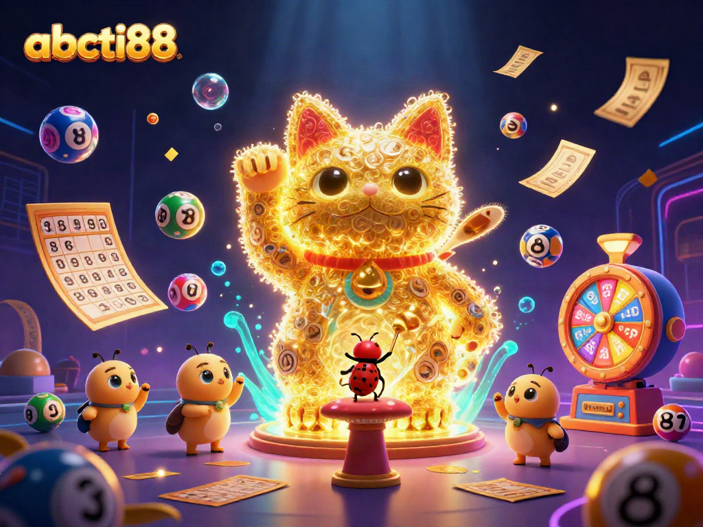 Experience the vibrant energy of abcti88 with a captivating illustration of a giant lucky cat and dynamic casino elements.
