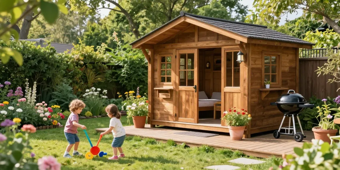 Hübsches Gartenhaus aus Holz umgeben von Blumen und spielenden Kindern im Garten.