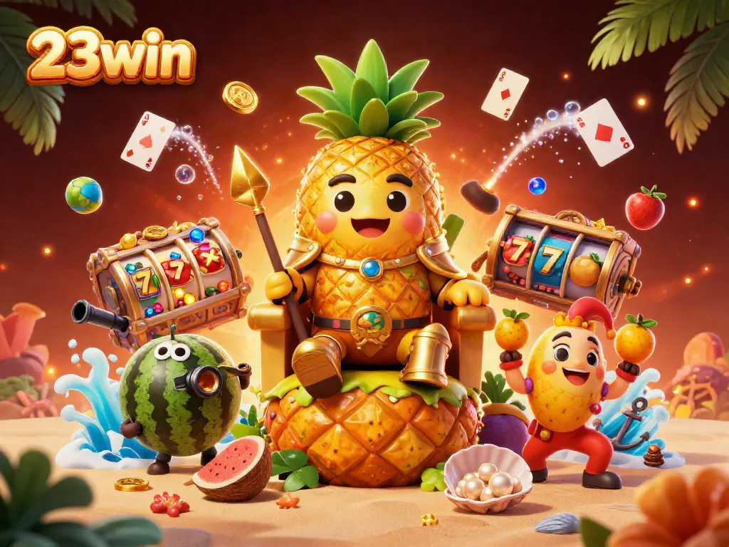 23win presents a vibrant casino scene with a golden pineapple king surrounded by slot reels and tropical elements
