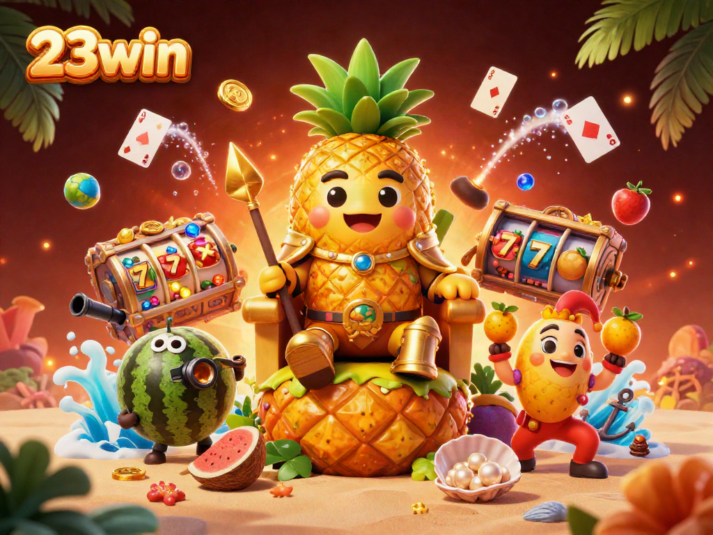 23win presents a vibrant casino scene with a golden pineapple king surrounded by slot reels and tropical elements