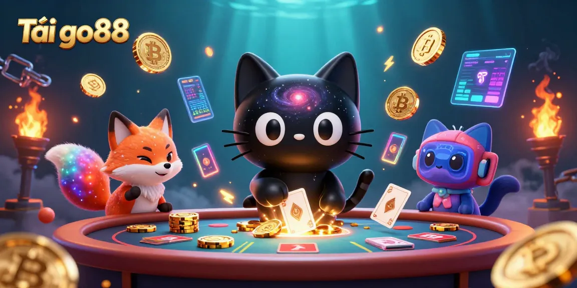 Engage in dynamic fun at Tải go88, witnessing a cosmic cat pulling in golden chips amidst vibrant casino elements.