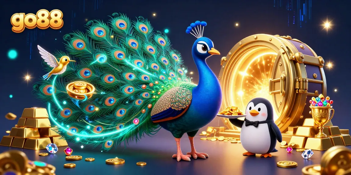 Maximize your wins with go88's captivating casino scene featuring a peacock and treasures.