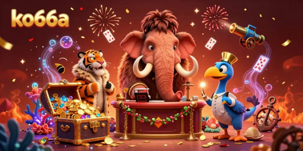 Catch the excitement at ko66a with a vibrant casino scene featuring animated characters and treasure!