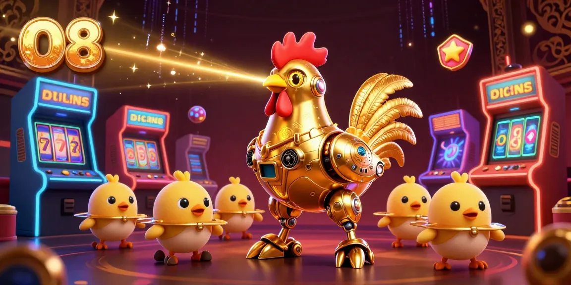 Engage with thrilling gaming elements like O8's golden rooster robot and slot games in a vibrant scene.