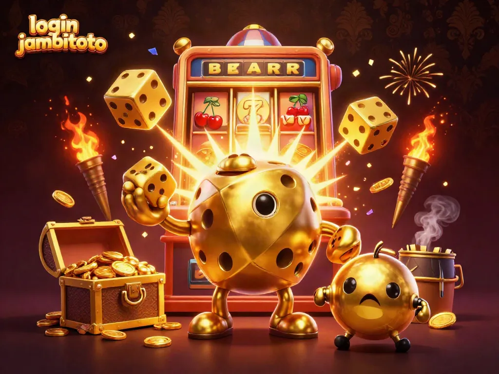 Experience exciting wins with login jambitoto in this detailed casino illustration featuring golden dice and slot games.