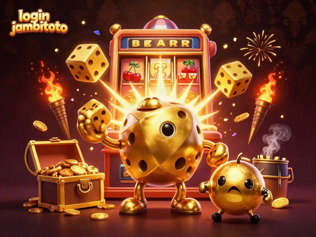 Experience exciting wins with login jambitoto in this detailed casino illustration featuring golden dice and slot games.