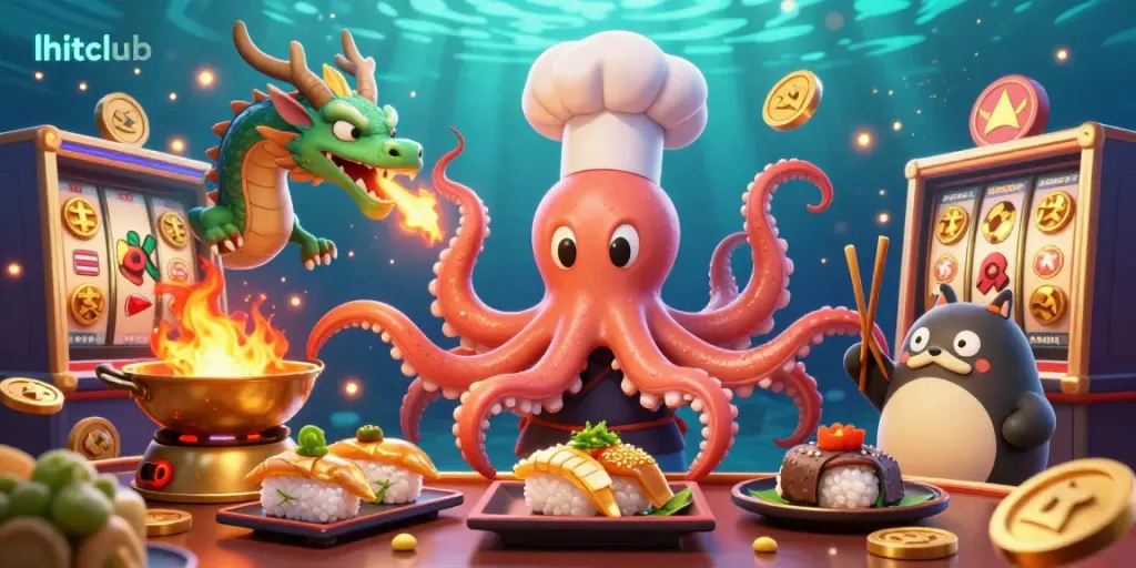 Engage with hitclub in this vibrant casino scene featuring a sushi chef octopus, a dragon, and a tanuki.
