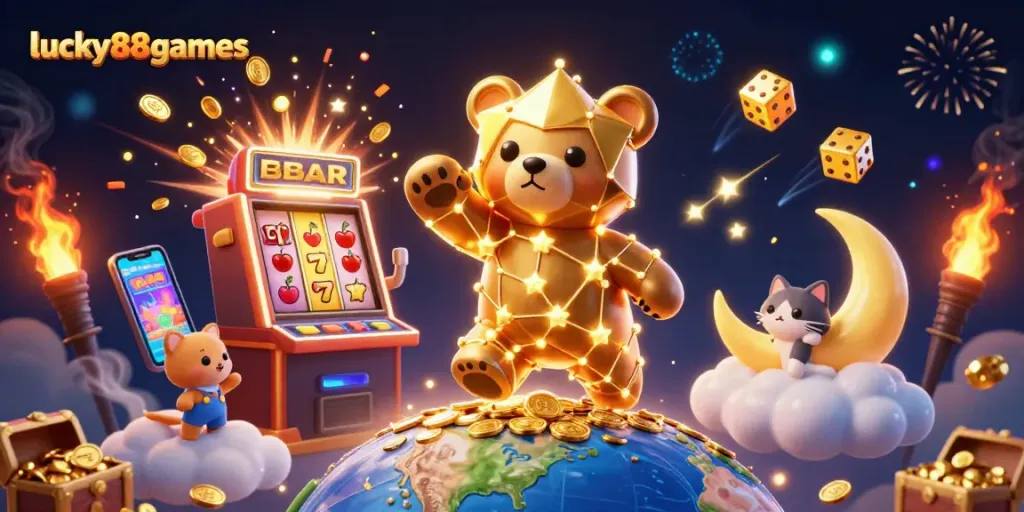 Engage with lucky88games and reveal treasures in a vibrant, animated casino-themed illustration.