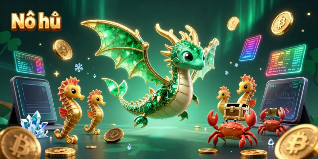 Nổ hũ game scene featuring a sea dragon and treasure, surrounded by crypto coins and vibrant elements.