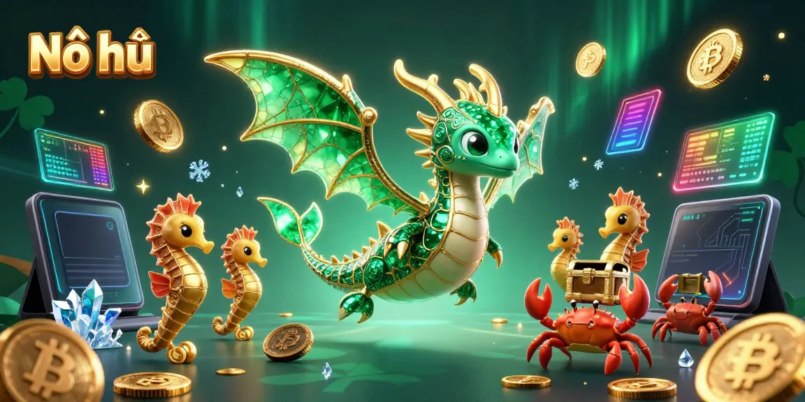 Nổ hũ game scene featuring a sea dragon and treasure, surrounded by crypto coins and vibrant elements.