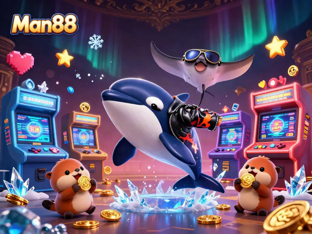 Experience thrilling gameplay and winning opportunities at Man88, featuring vibrant casino elements and friendly characters.