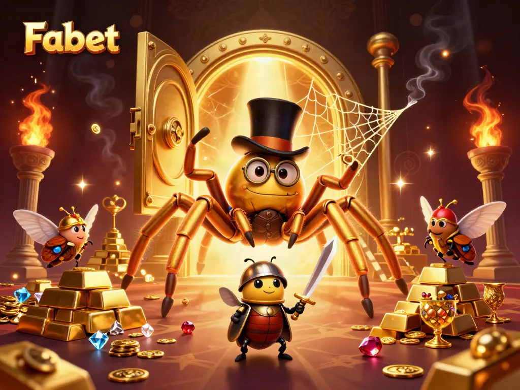 Fabet features a giant golden tarantula weaving golden webs amid treasures in a casino.
