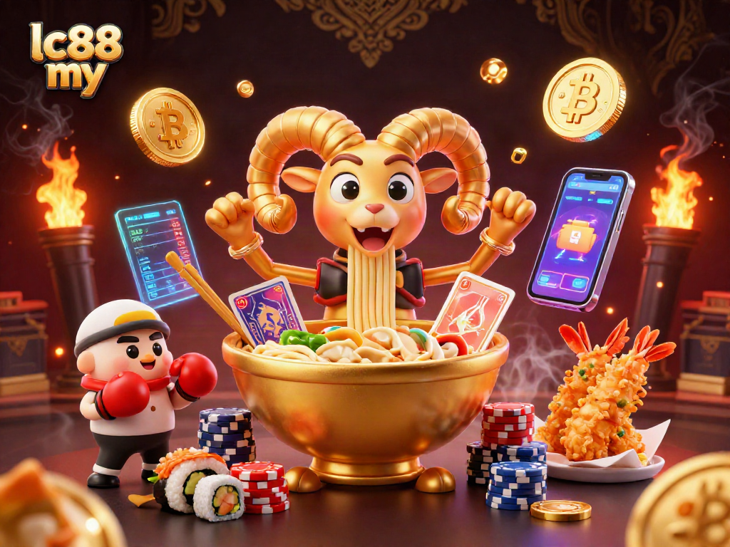Engage with lc88 my through a vibrant casino-themed illustration filled with 3D characters and crypto elements.