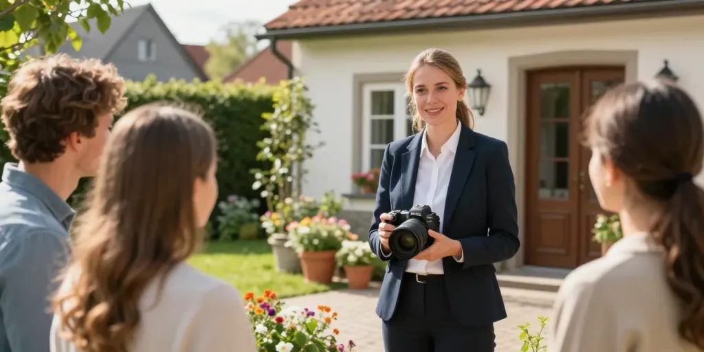 Immobilienmakler Reutlingen präsentiert charmantes Familienhaus mit Blumen und einladendem Eingangsbereich.