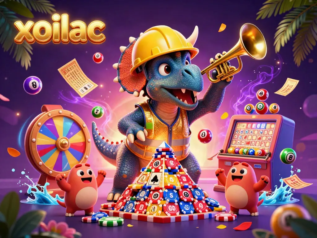 Xoilac brings excitement with a triceratops and parasaurolophus in a lively casino scene.