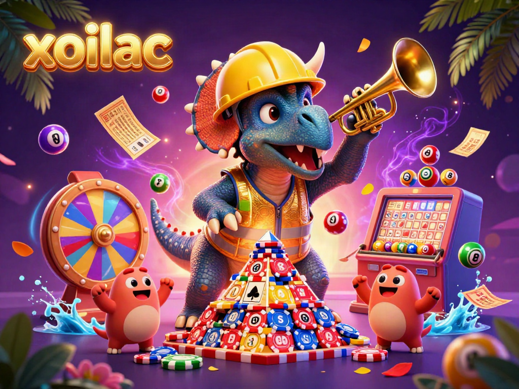 Xoilac brings excitement with a triceratops and parasaurolophus in a lively casino scene.