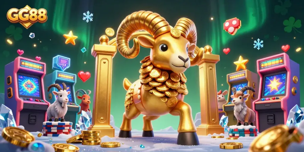Engage in the vibrant GG88 gambling scene with a colossal ram amid glowing arcade elements.