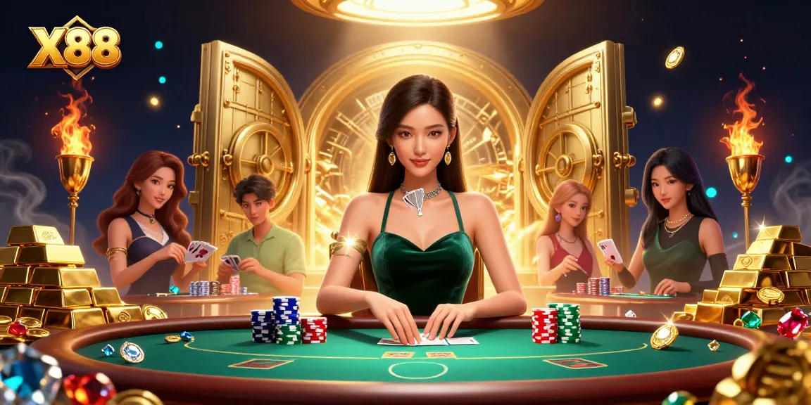 X88 showcases an alluring Asian woman in green velvet at a poker table, surrounded by opulent treasures.