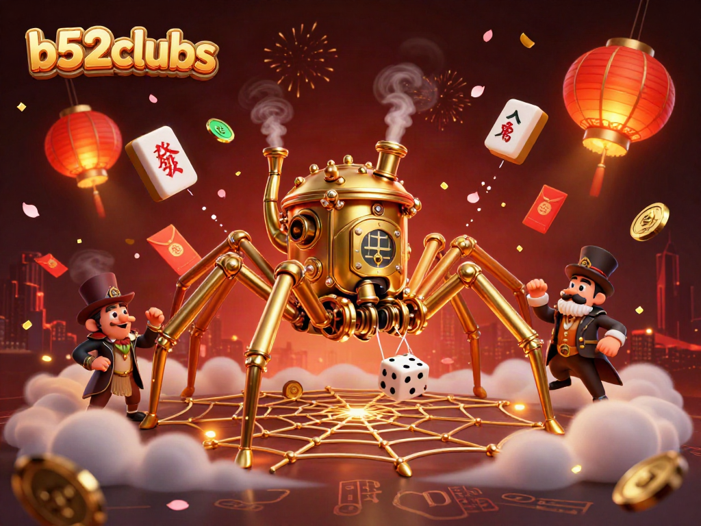 Experience the thrill of b52clubs with a vibrant steampunk casino scene, featuring a golden spider and playful game elements.