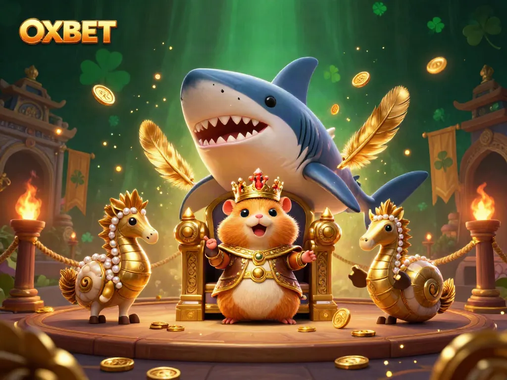 Join the adventure at OXBET with a dynamic scene featuring a golden hamster king and seahorse guards among vibrant casino elements.
